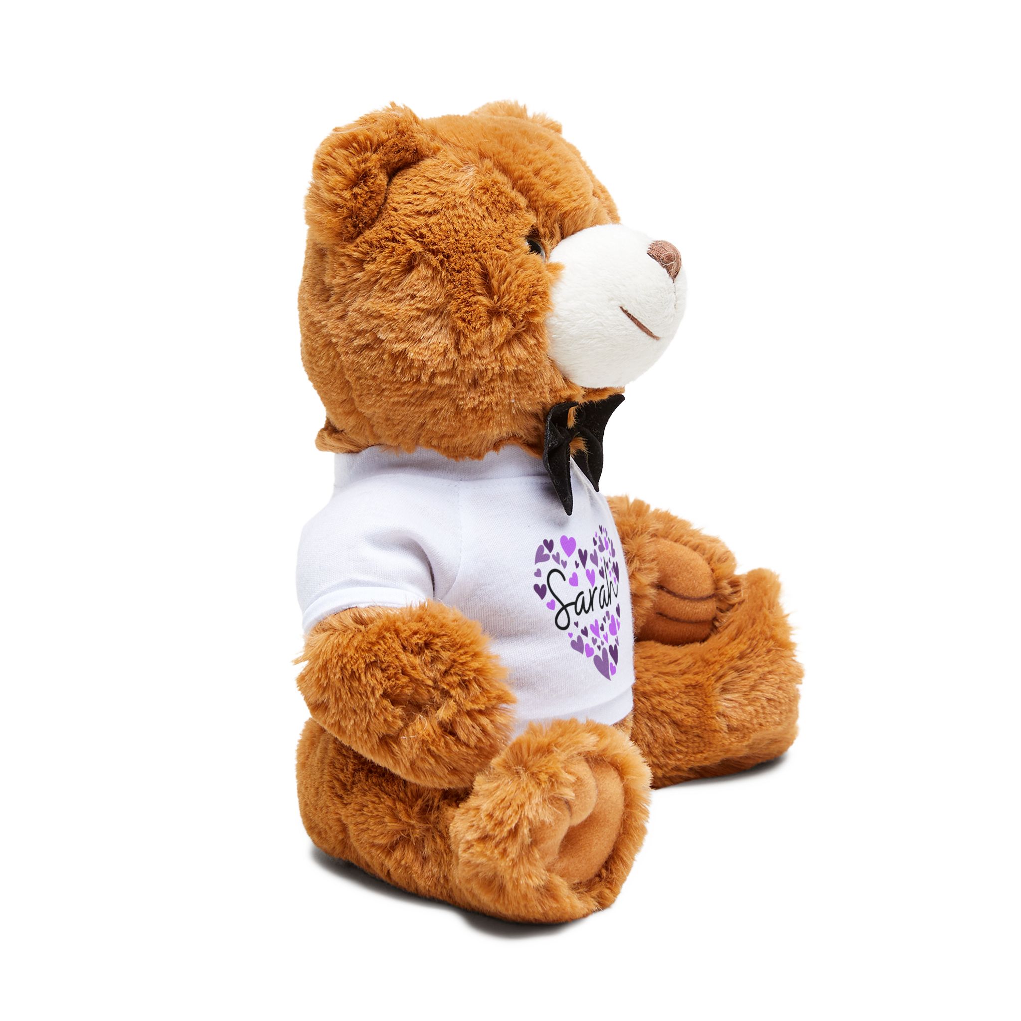 Teddy Bear with T-Shirt - I love Sarah hearts in purple - Image 2