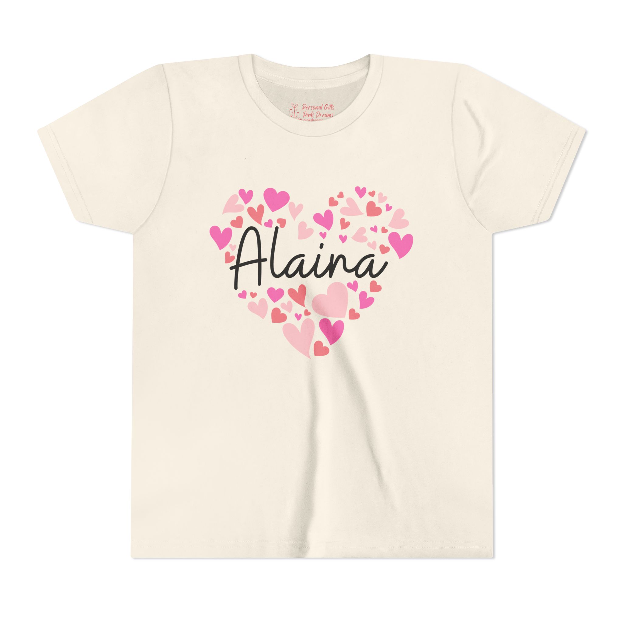 Youth Short Sleeve Tee - I love Alaina hearts in pink
