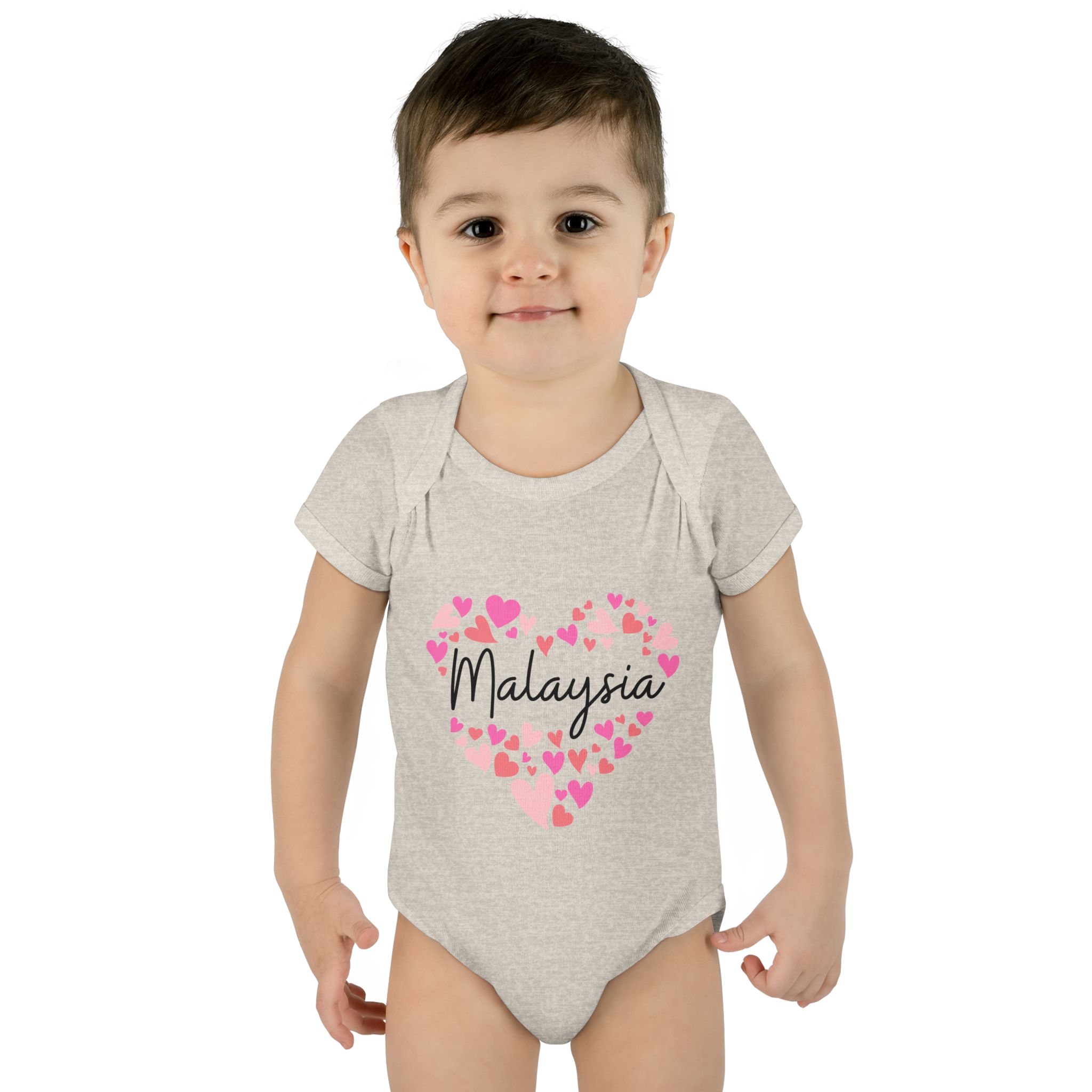 Infant Baby Rib Bodysuit - I love Malaysia hearts in pink - Image 7