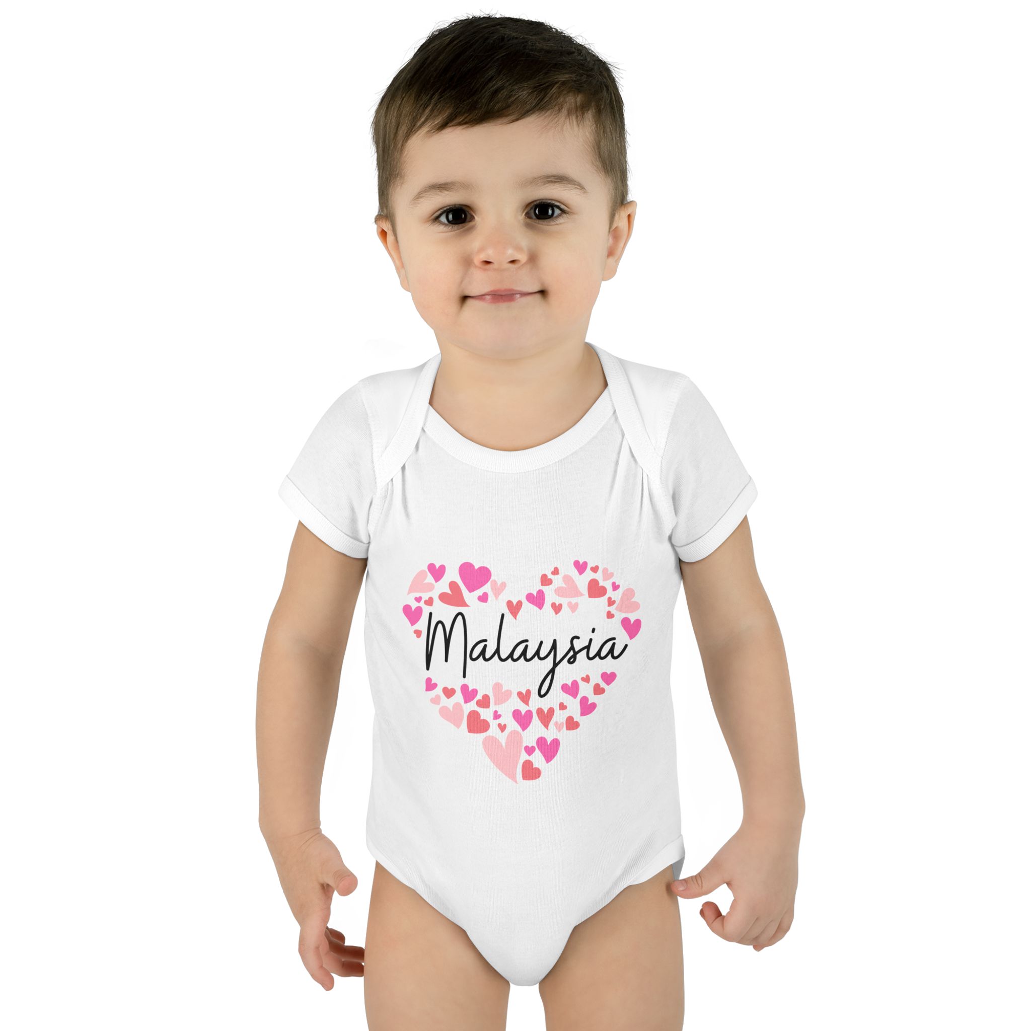 Infant Baby Rib Bodysuit - I love Malaysia hearts in pink - Image 3