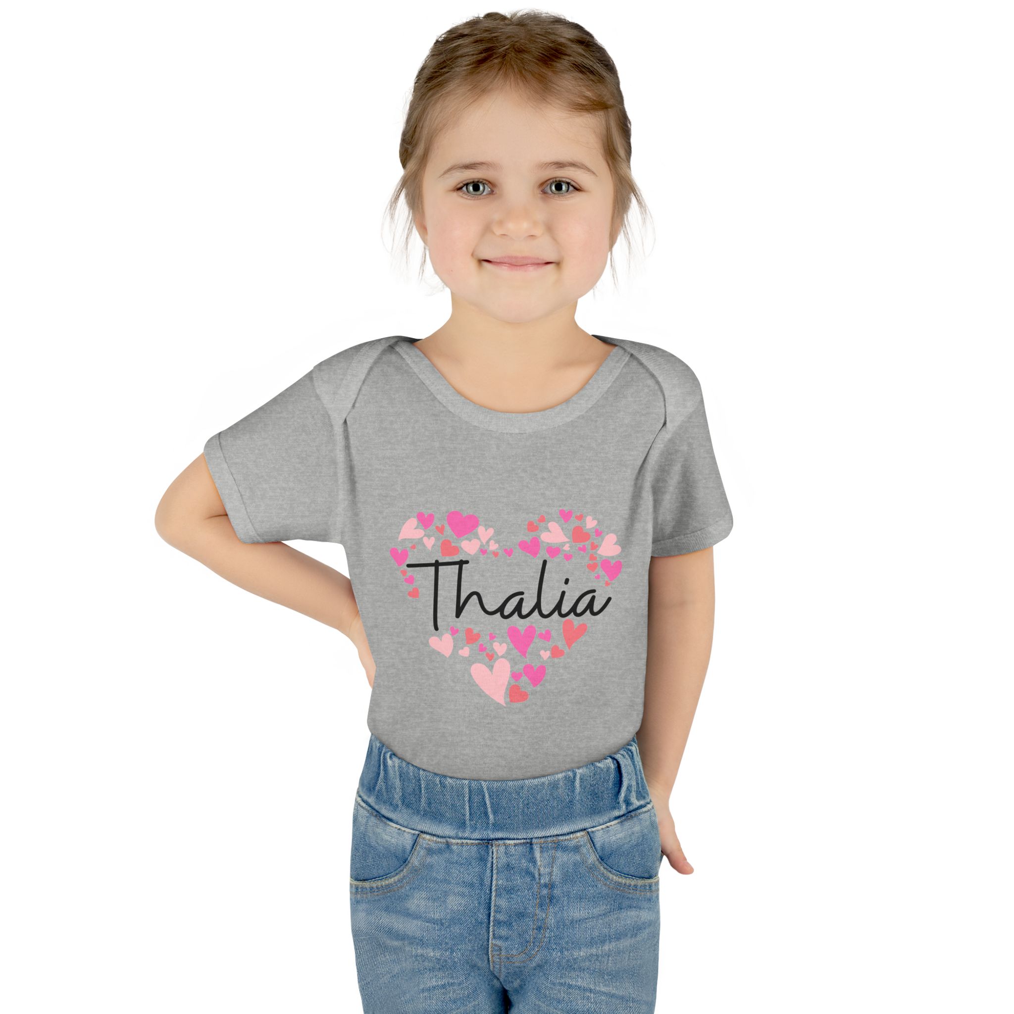 Infant Baby Rib Bodysuit - I love Thalia hearts in pink - Image 12