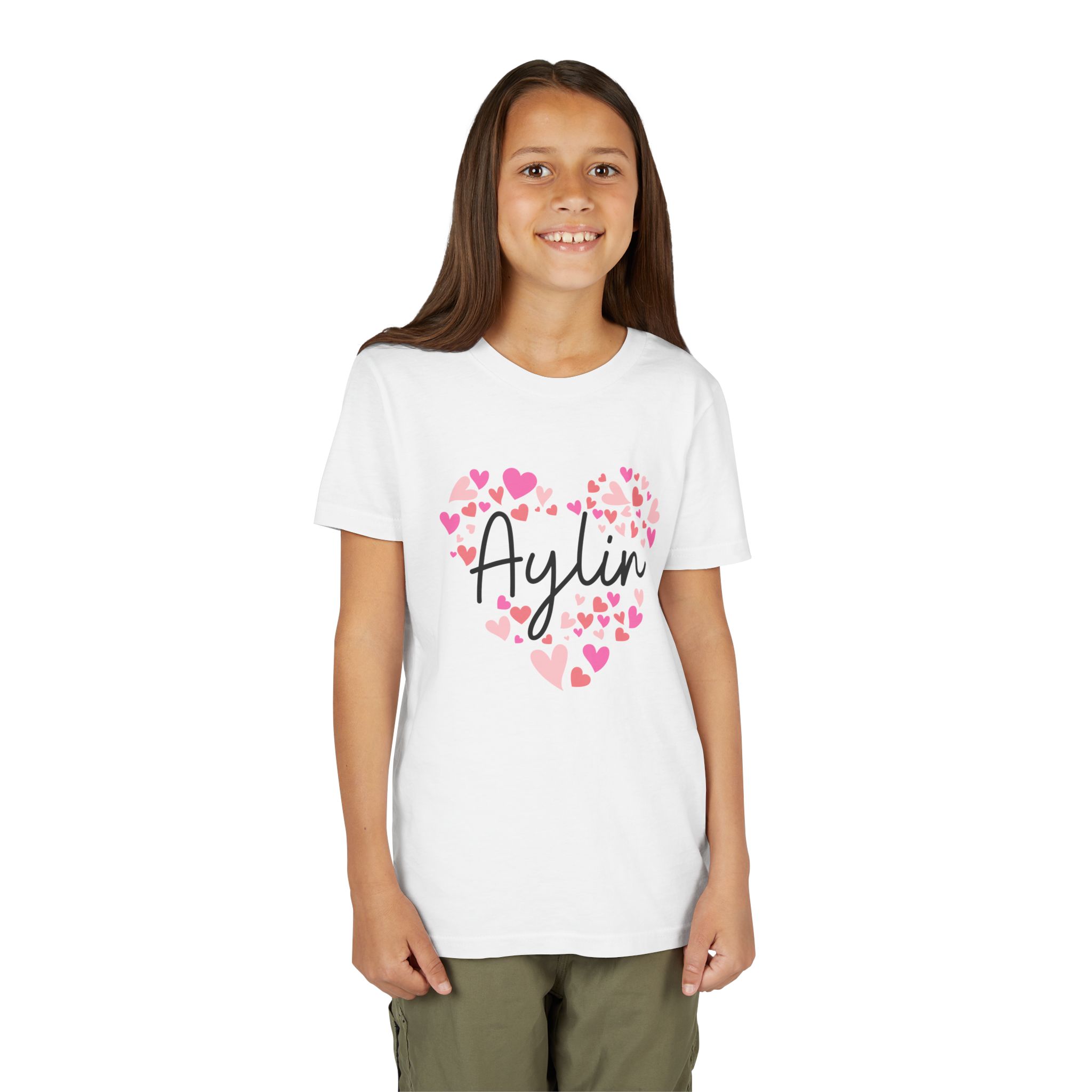 Youth Short Sleeve Tee - I love Aylin hearts in pink - Image 2