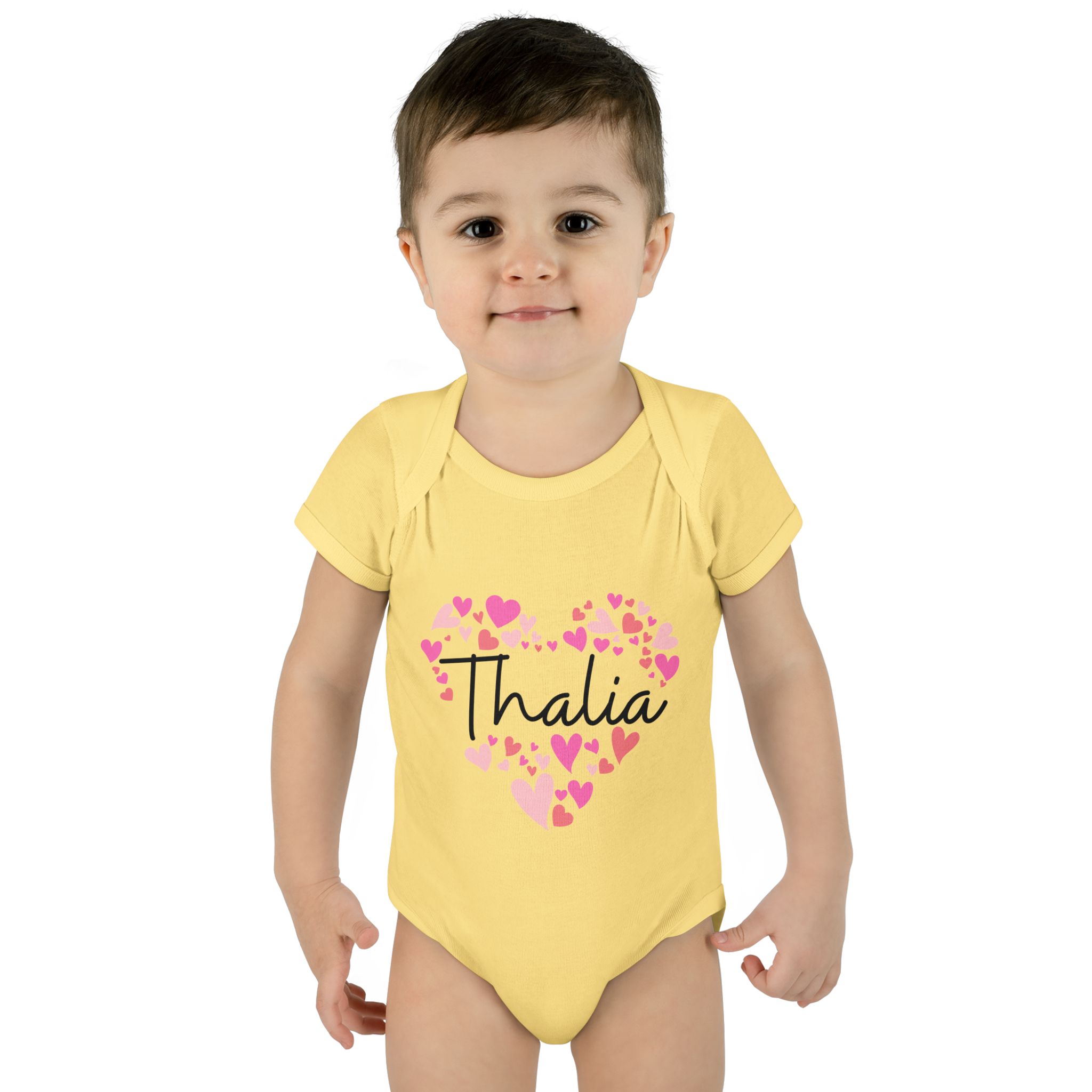Infant Baby Rib Bodysuit - I love Thalia hearts in pink - Image 15
