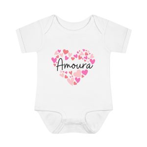 Infant Baby Rib Bodysuit - I love Amoura hearts in pink
