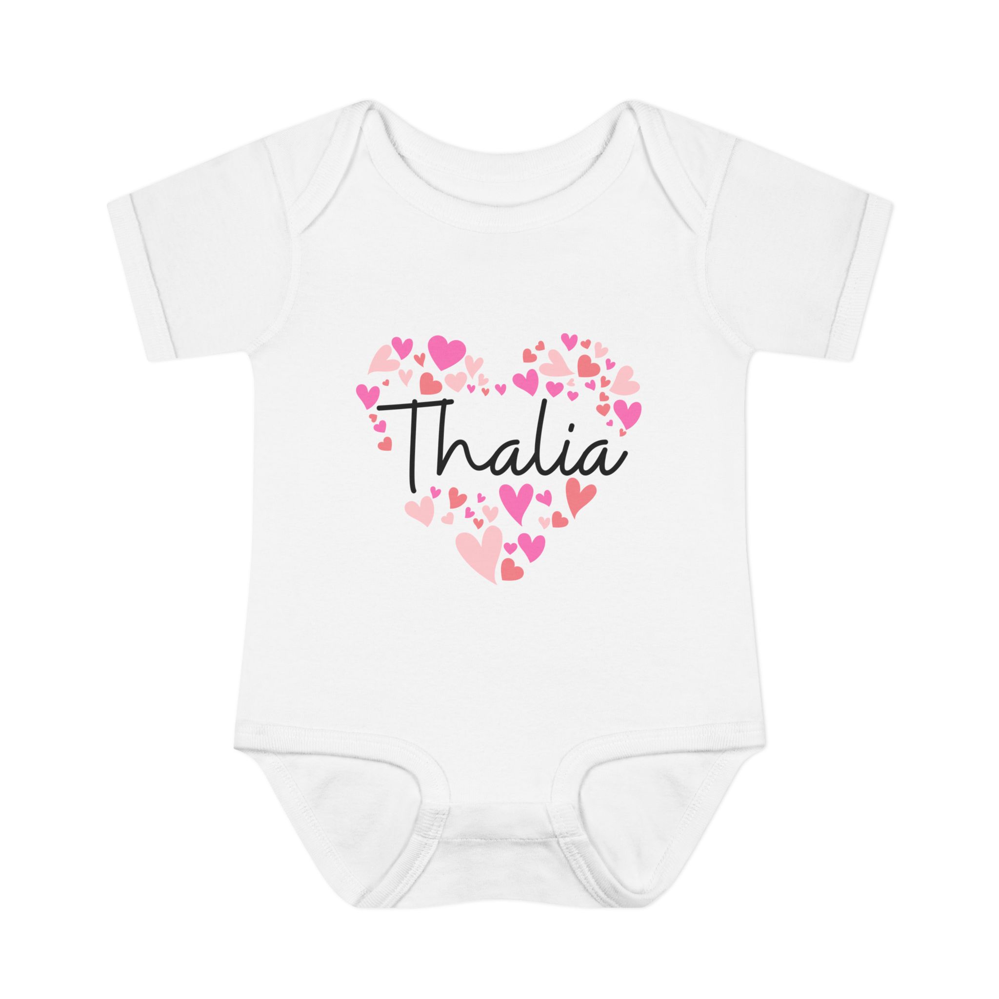 Infant Baby Rib Bodysuit - I love Thalia hearts in pink