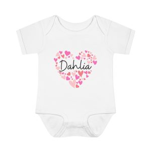 Infant Baby Rib Bodysuit - I love Dahlia hearts in pink