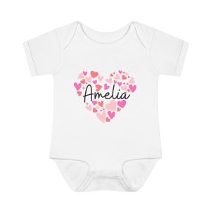 Infant Baby Rib Bodysuit - I love Amelia hearts in pink