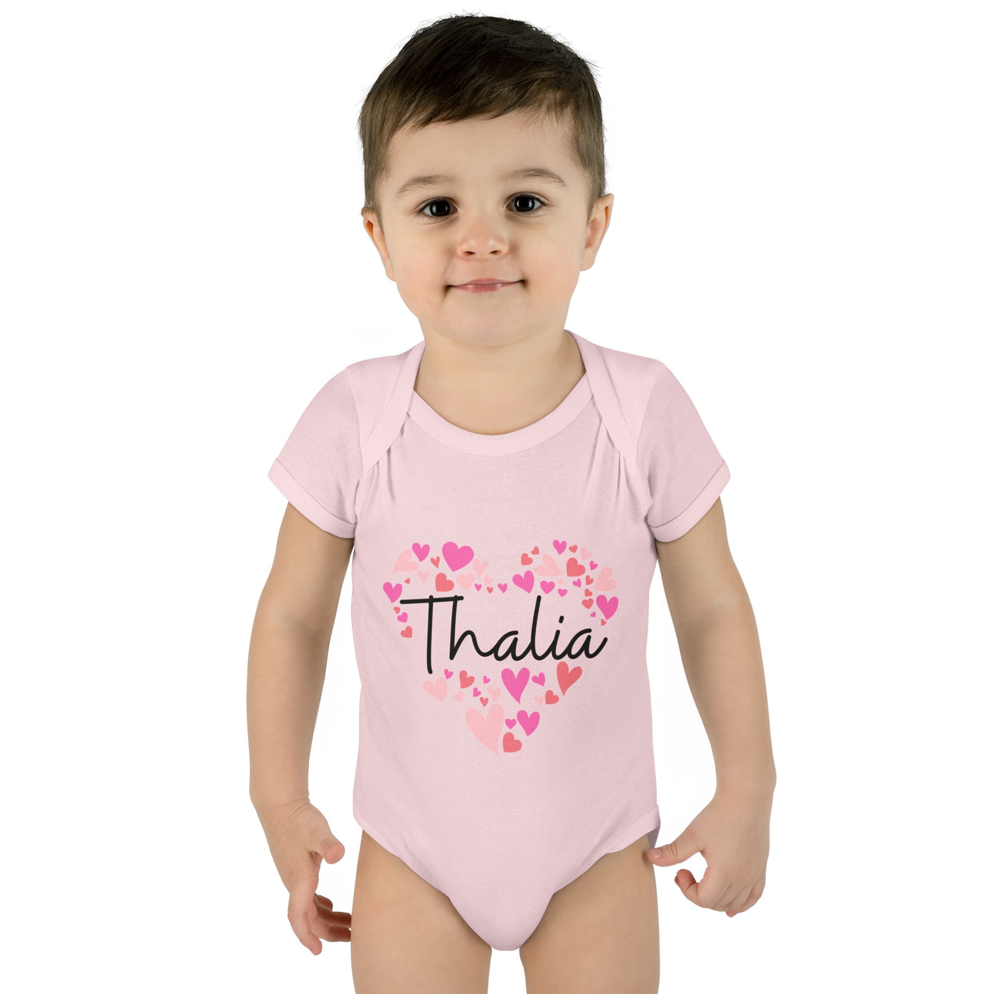 Infant Baby Rib Bodysuit - I love Thalia hearts in pink - Image 19