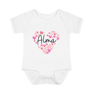 Infant Baby Rib Bodysuit - I love Alma hearts in pink
