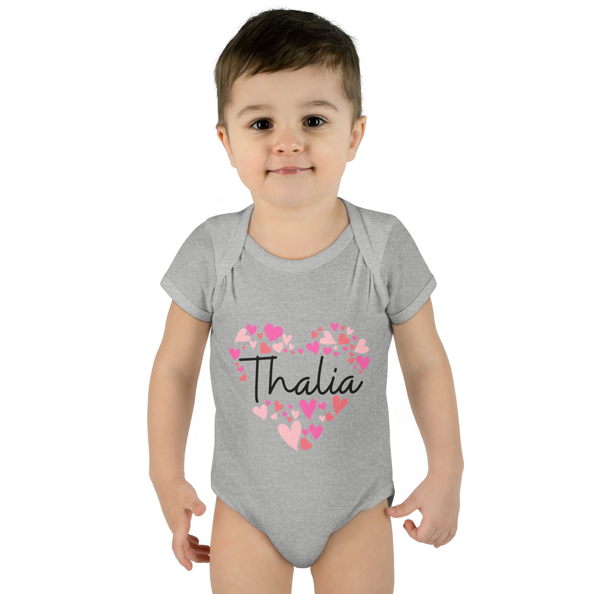Infant Baby Rib Bodysuit - I love Thalia hearts in pink - Image 11