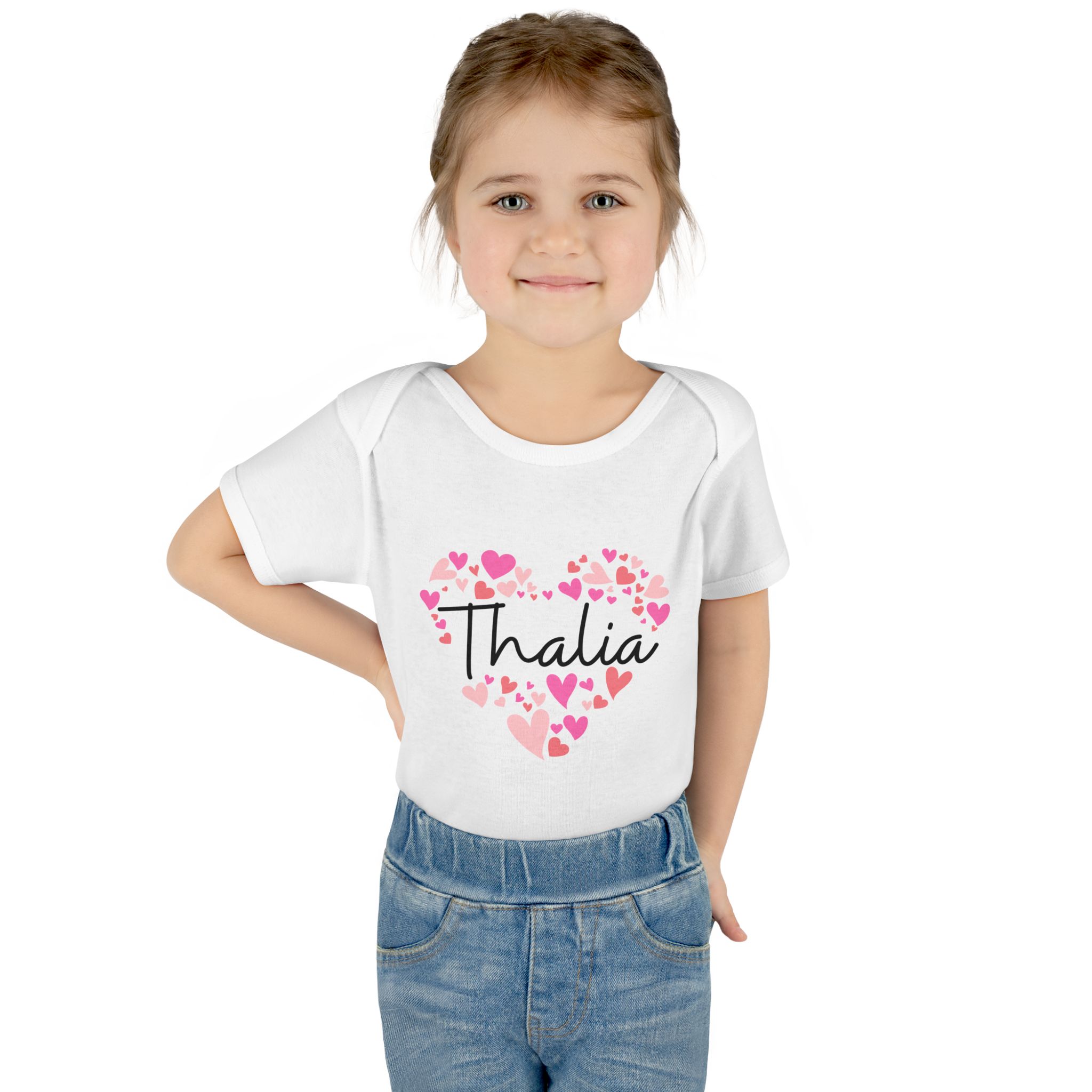 Infant Baby Rib Bodysuit - I love Thalia hearts in pink - Image 4