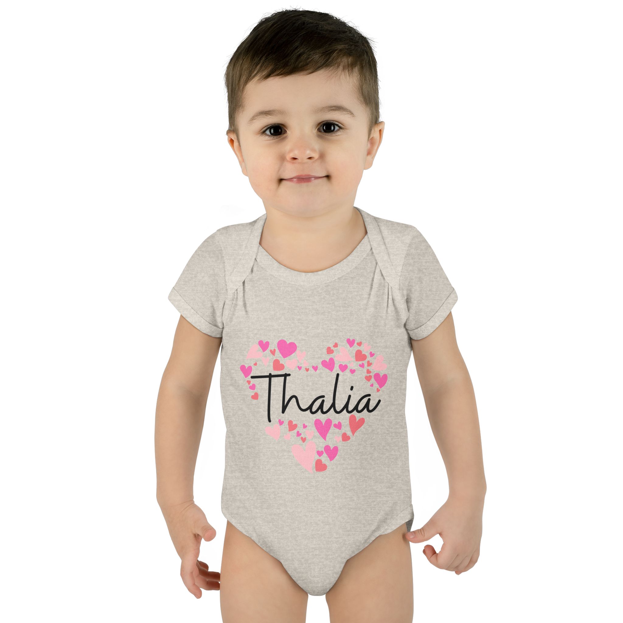 Infant Baby Rib Bodysuit - I love Thalia hearts in pink - Image 7