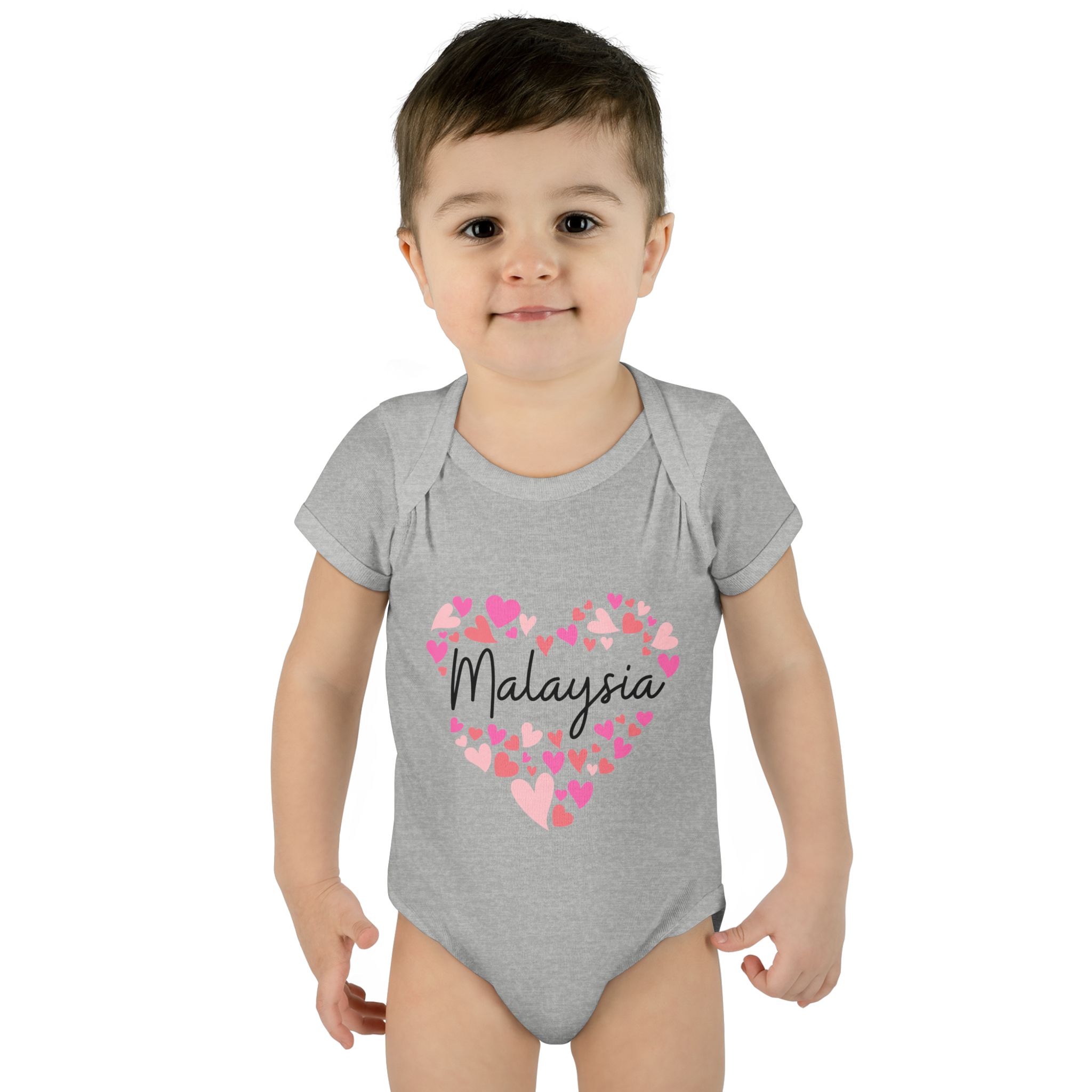 Infant Baby Rib Bodysuit - I love Malaysia hearts in pink - Image 11