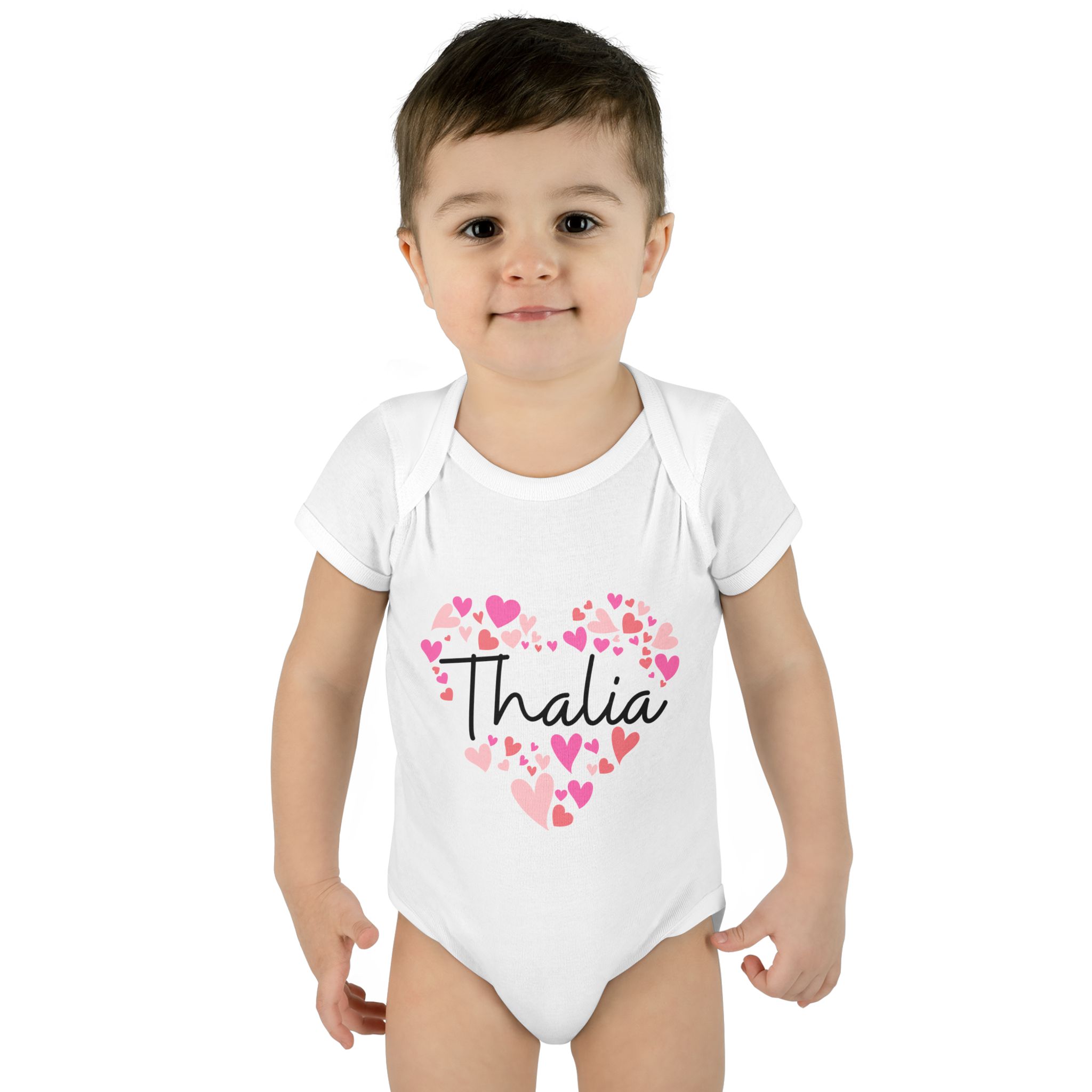 Infant Baby Rib Bodysuit - I love Thalia hearts in pink - Image 3