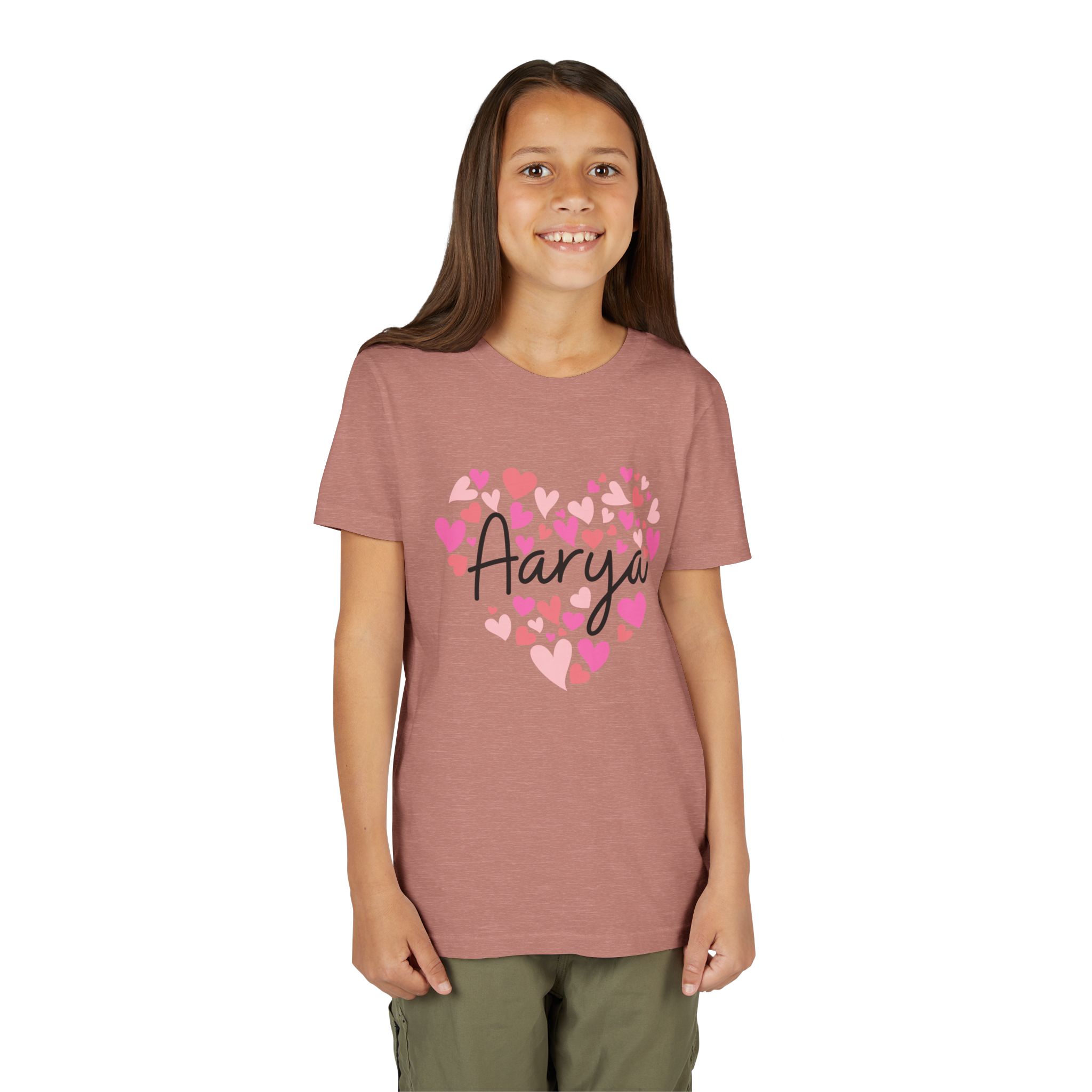 Youth Short Sleeve Tee - I love Aarya hearts in pink - Image 7