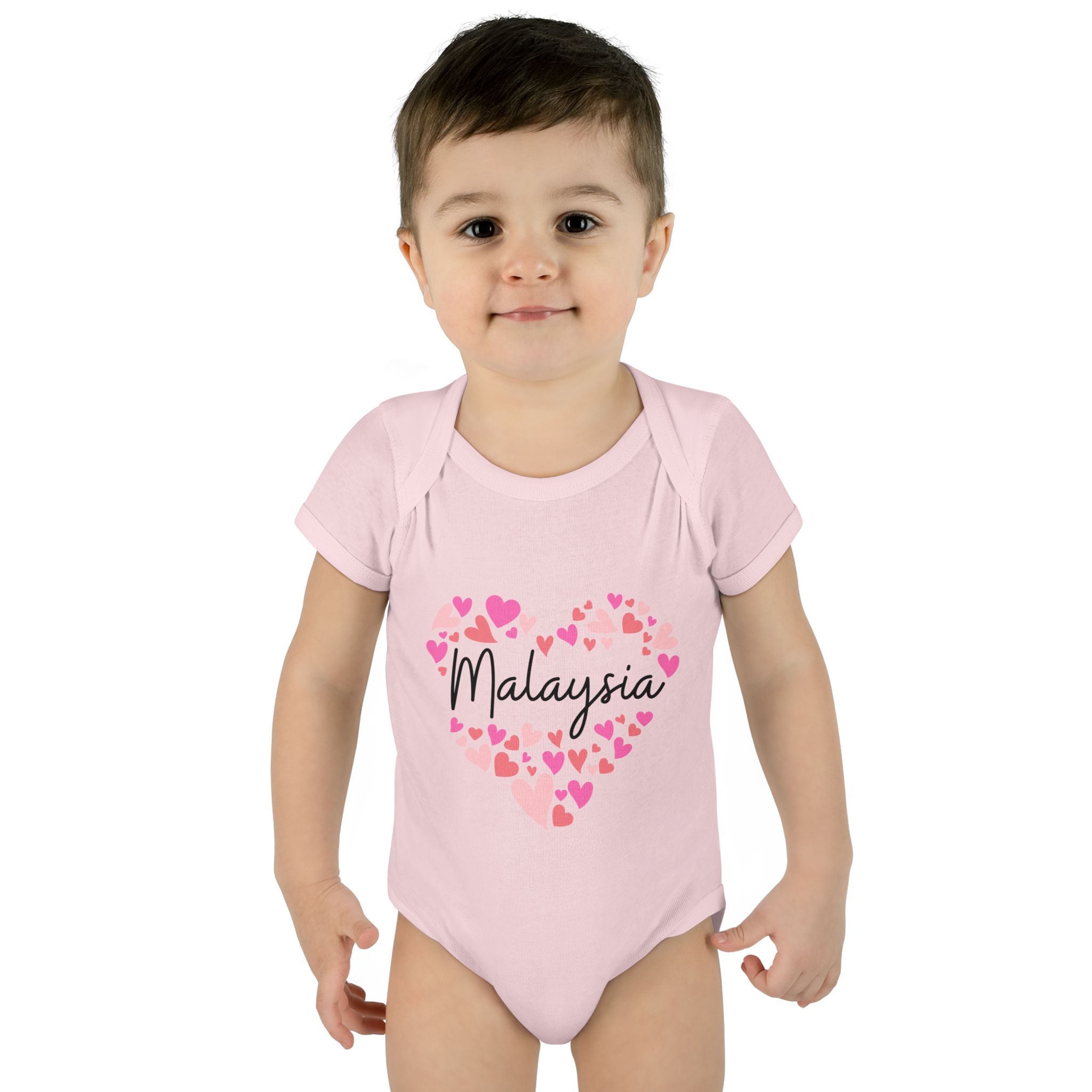 Infant Baby Rib Bodysuit - I love Malaysia hearts in pink - Image 19