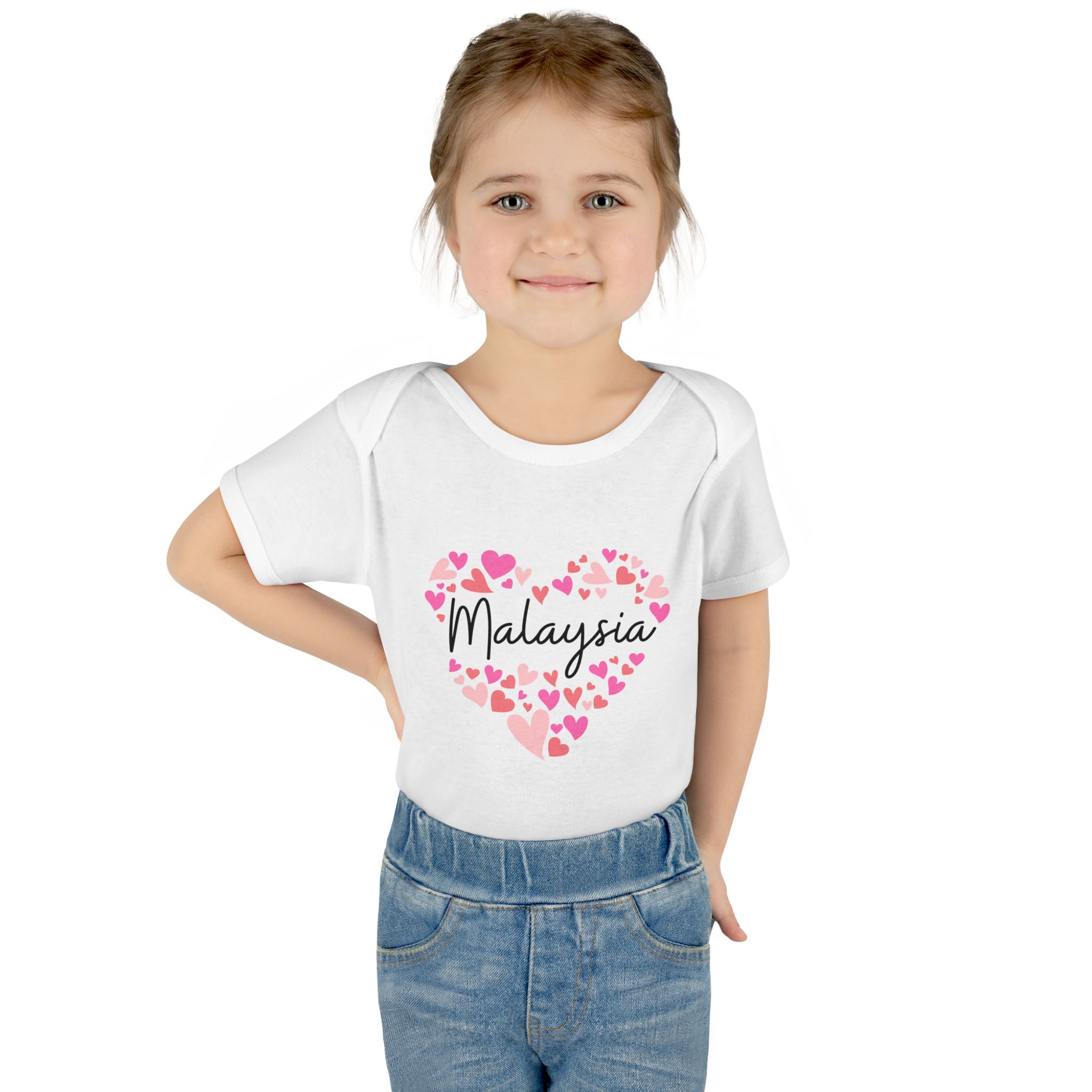 Infant Baby Rib Bodysuit - I love Malaysia hearts in pink - Image 4